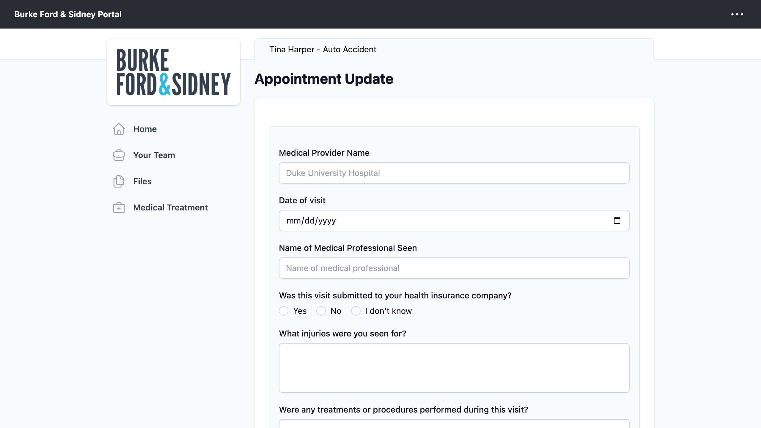 A client filling out a form in the CasePulse portal that syncs with LawBase.