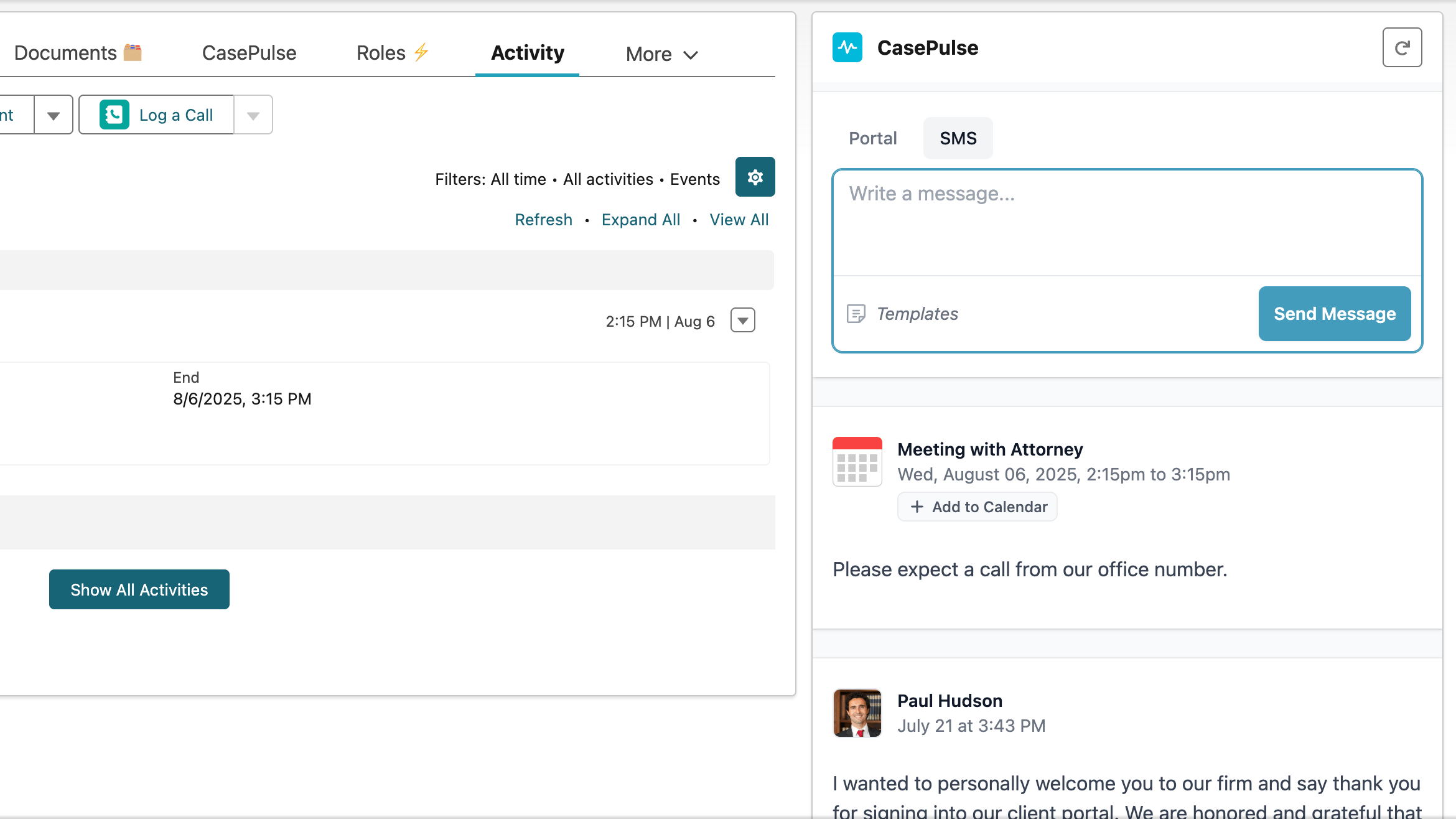 Litify calendar events synced to the CasePulse client portal