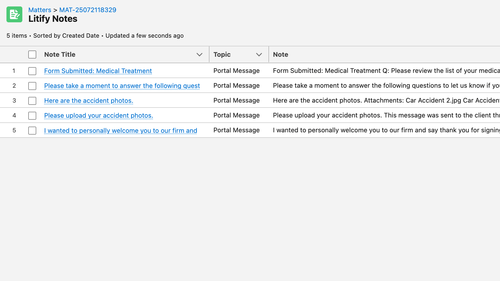 Litify Case Notes showing a complete history of client portal messages