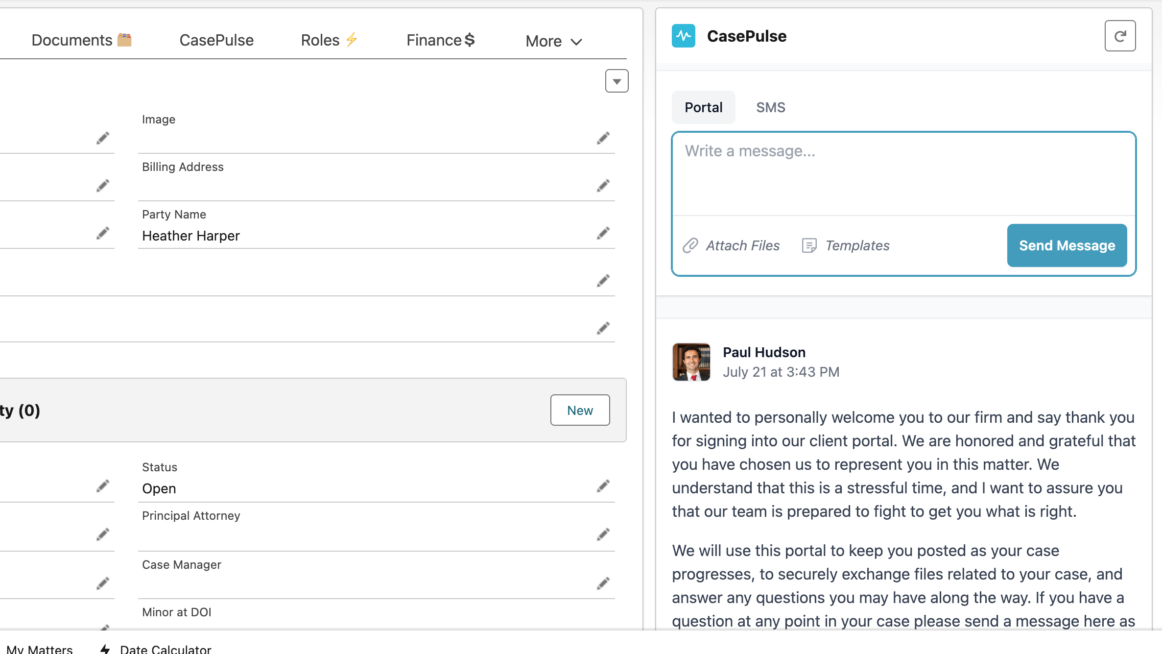 CasePulse messaging component embedded in the Litify case management software