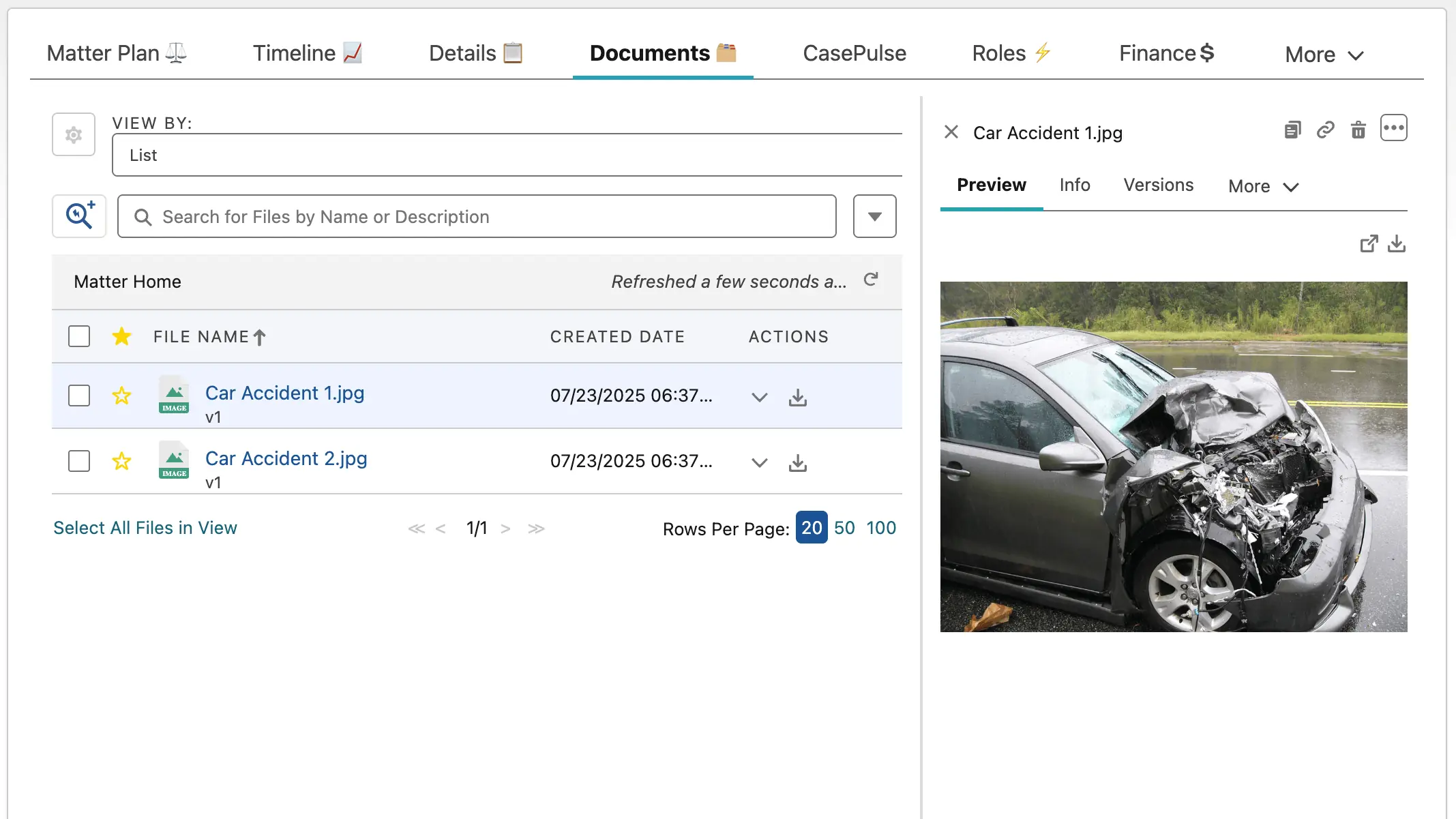 Client uploads landing in the Documents tab of a Litify matter