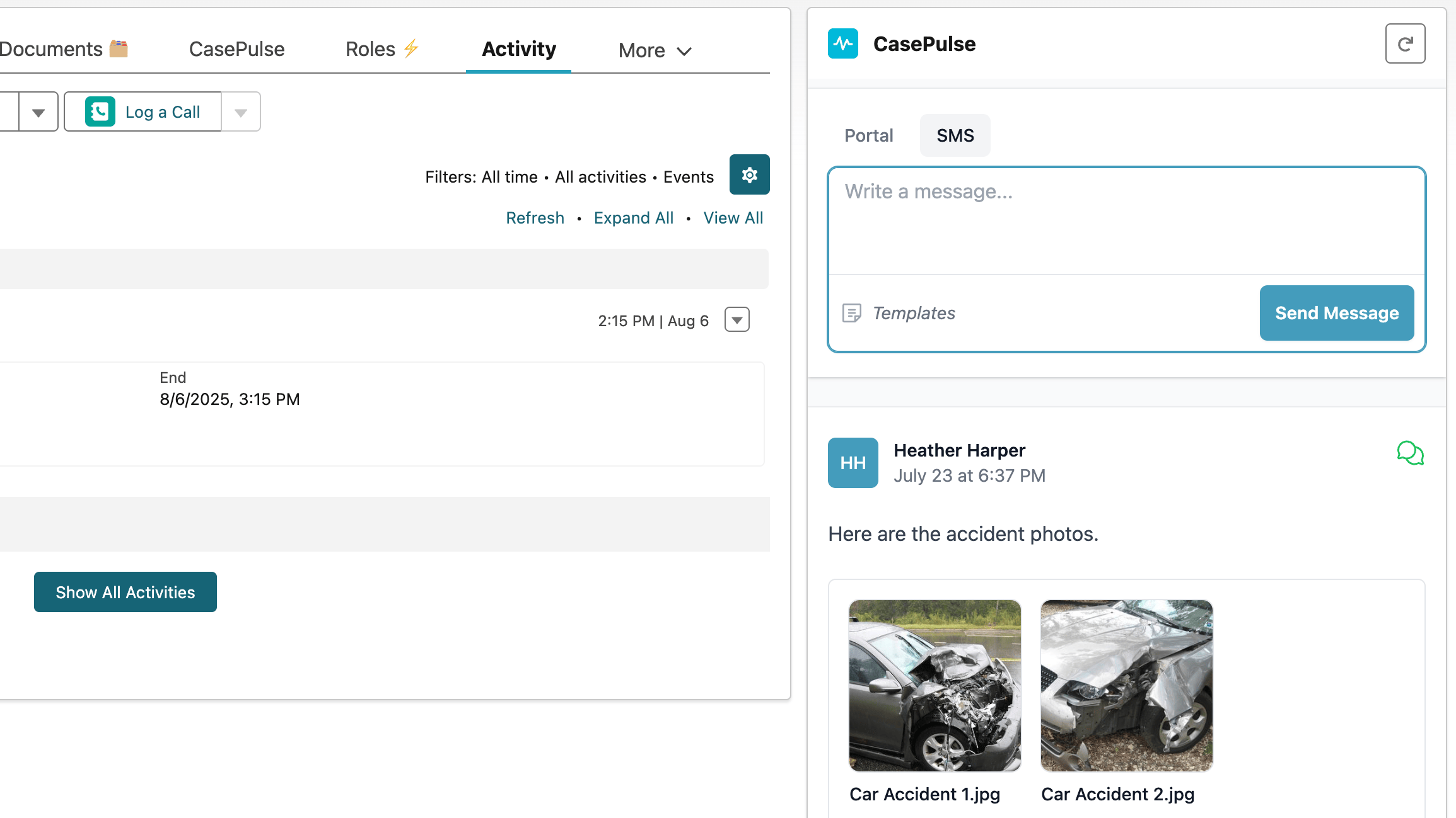 Receiving a text message with photos attached from a client in the Litify platform