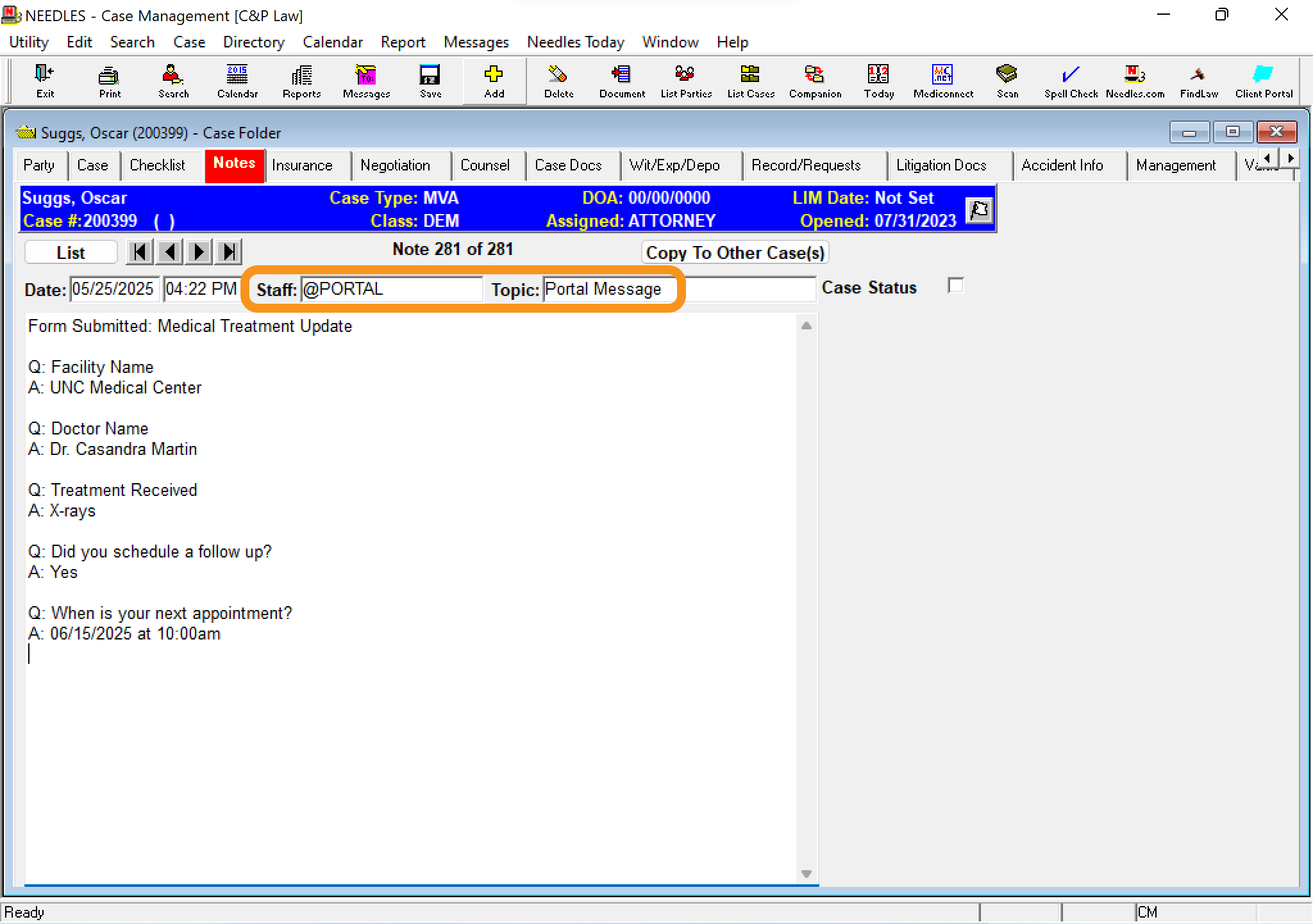 CasePulse integrated with Needles case management software case notes
