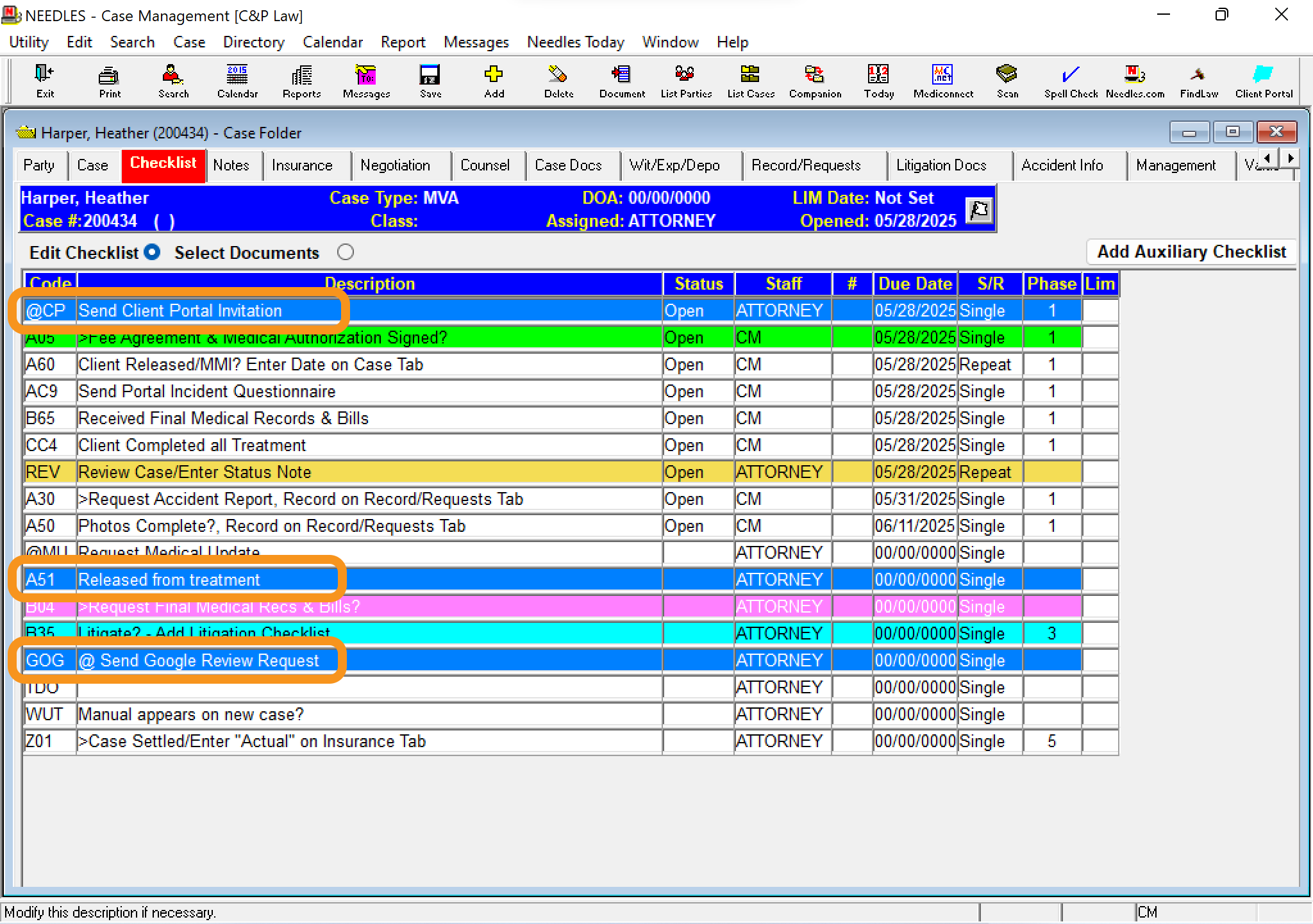 CasePulse integrated with Needles case management software checklist items