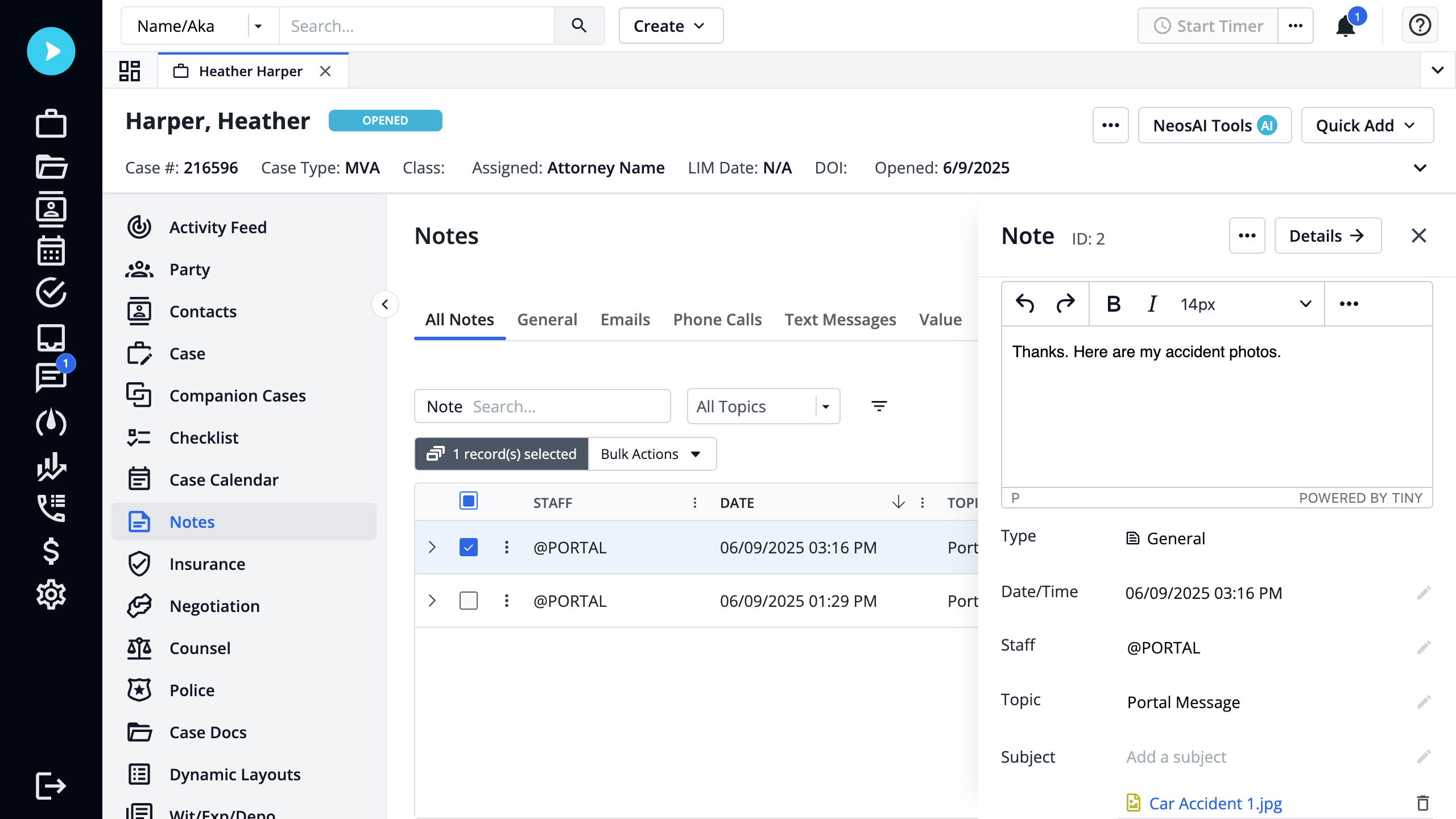 Neos Case Notes showing a log of client portal messages and file uploads
