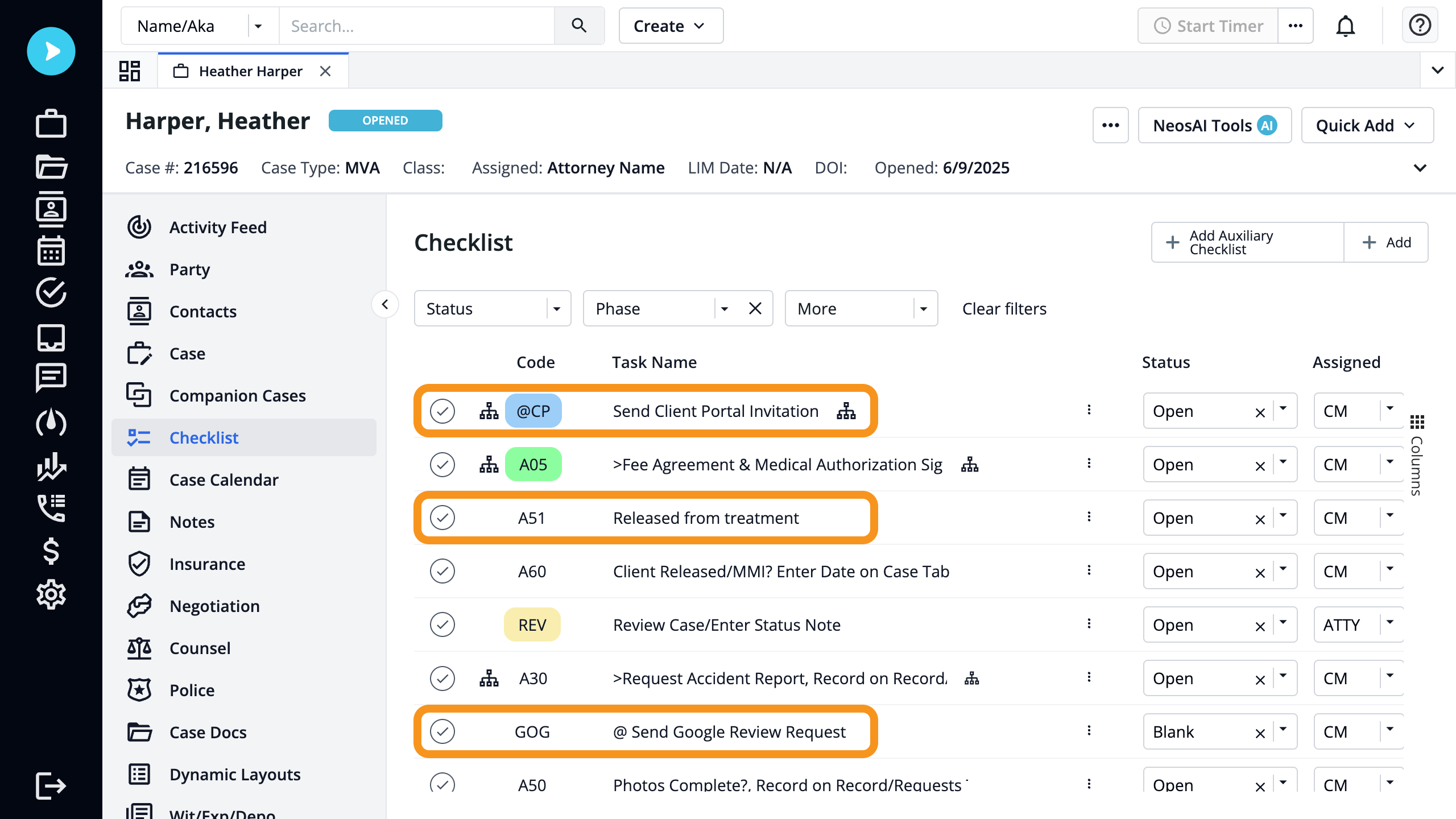 CasePulse&rsquo;s Neos integration showing checklist automations