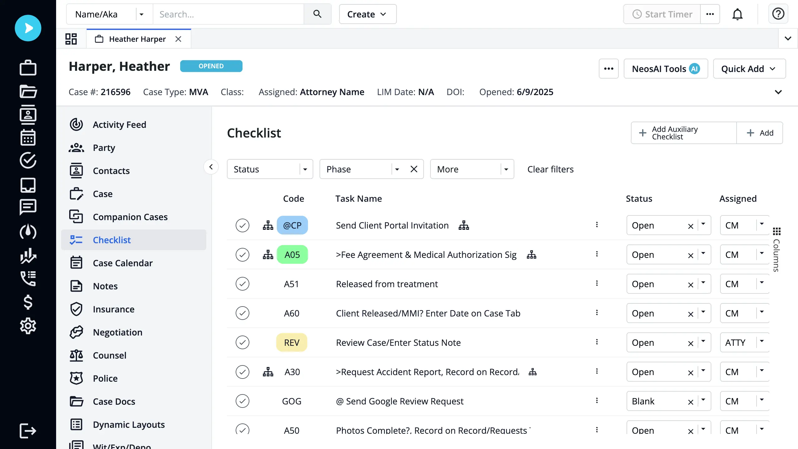 A Neos case checklist with the client portal invitation task
