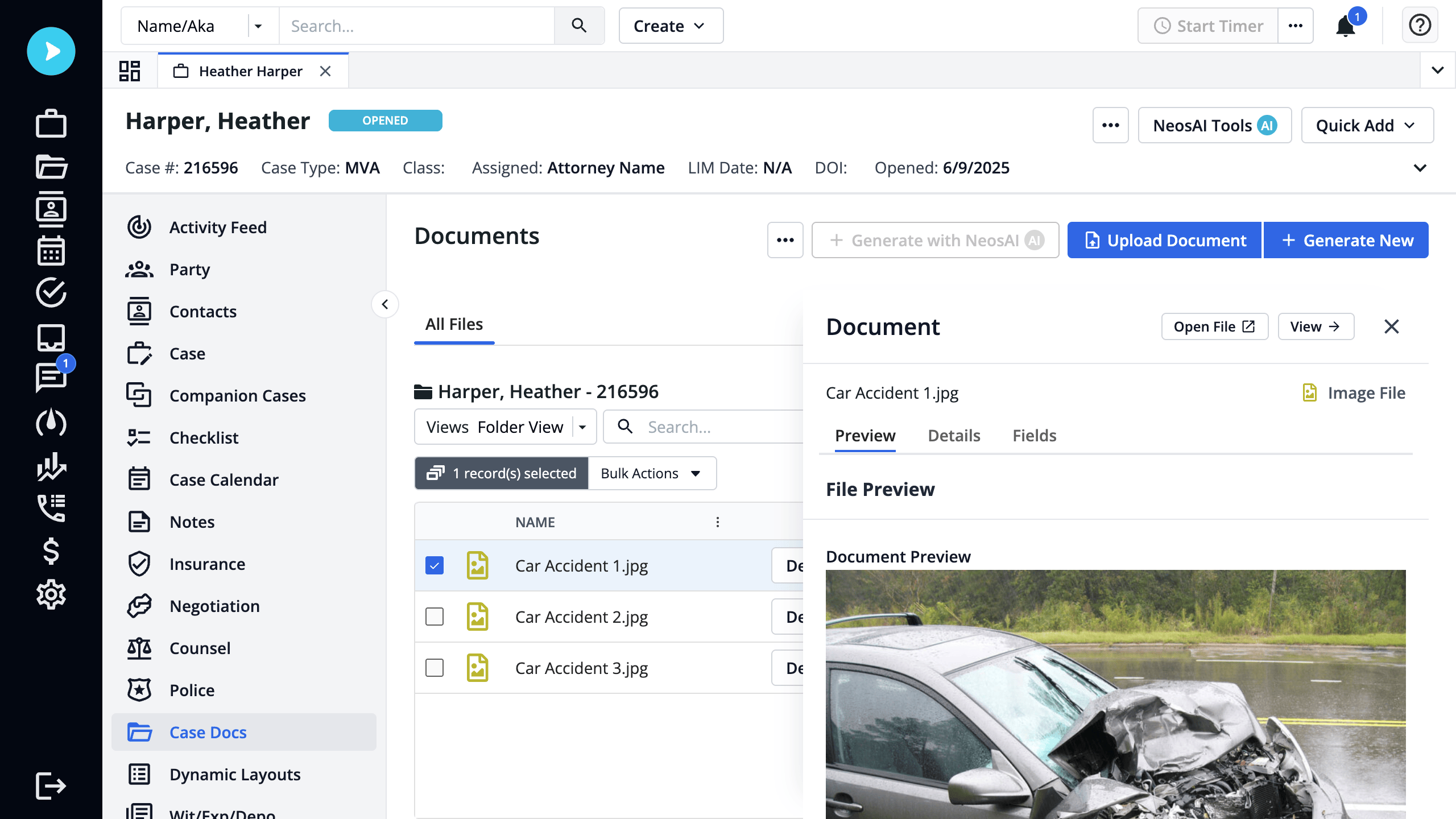 Files uploaded by a client appearing in Case Docs section of Neos case management software