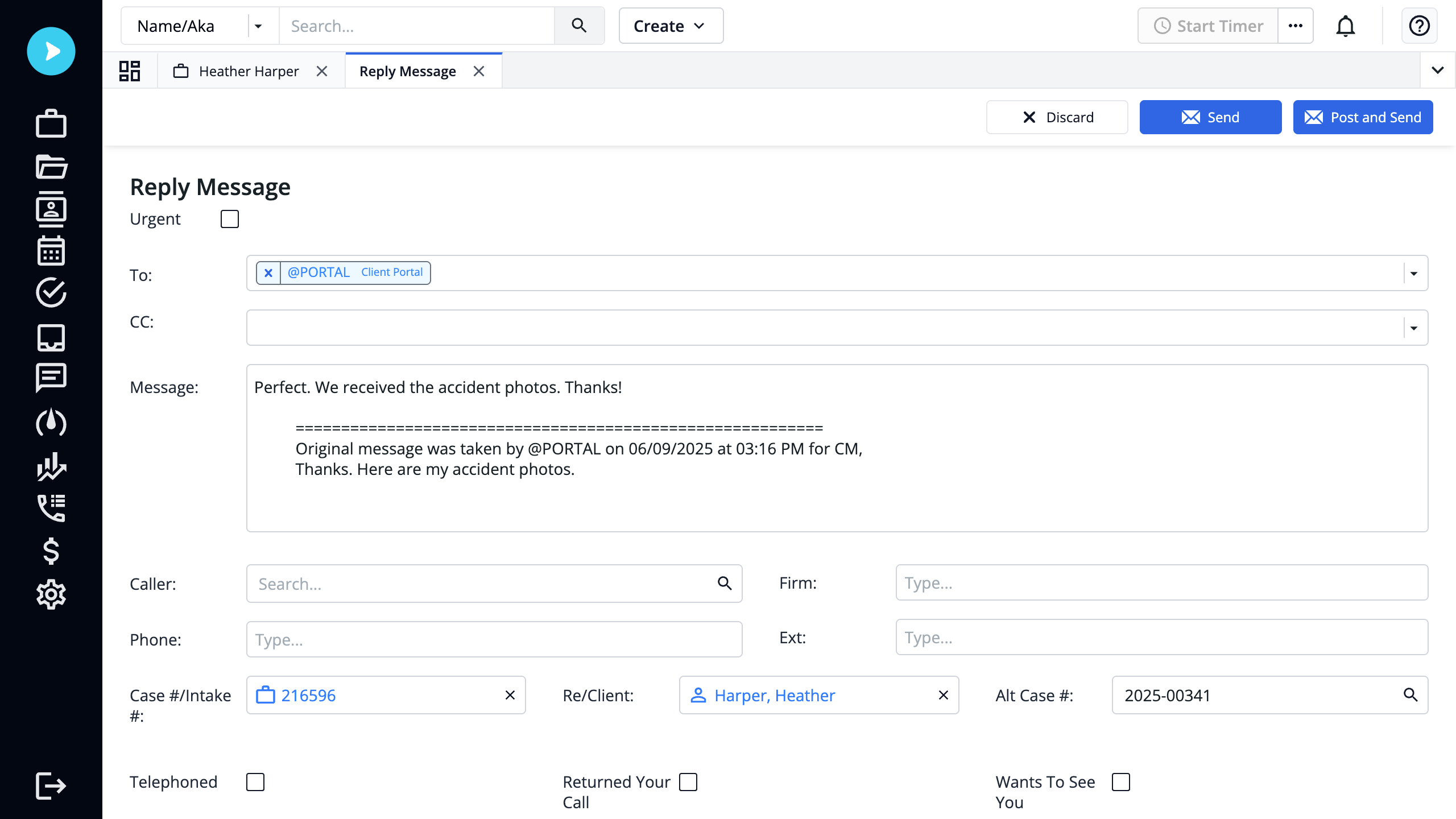 Replying to a client message from within Neos case management software