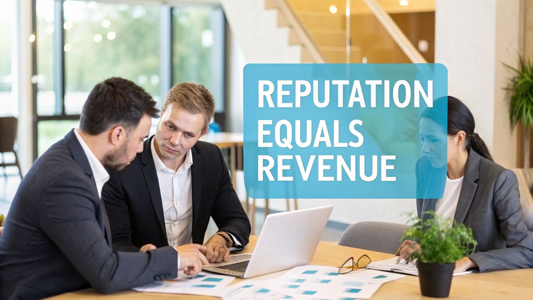 Three business professionals collaborating at a table with a laptop, documents, and a 'REPUTATION EQUALS REVENUE' overlay.