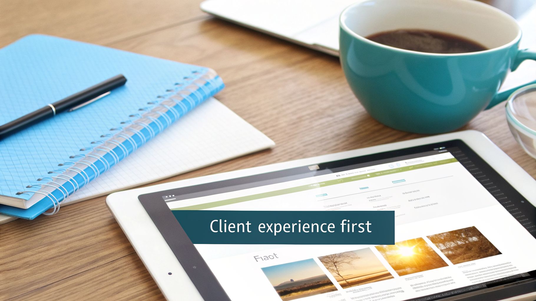 A professional workspace on a wooden desk with a tablet displaying 'Client experience first,' coffee, and a notebook with a pen.