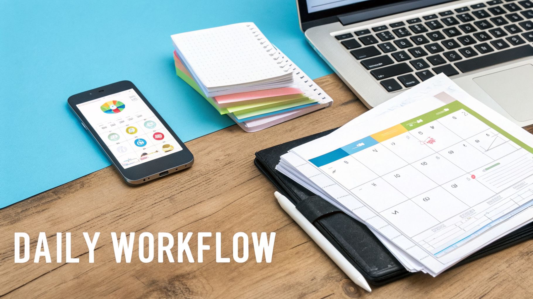 A top-down view of a desk with a smartphone, laptop, planner, and notebook, illustrating daily workflow.