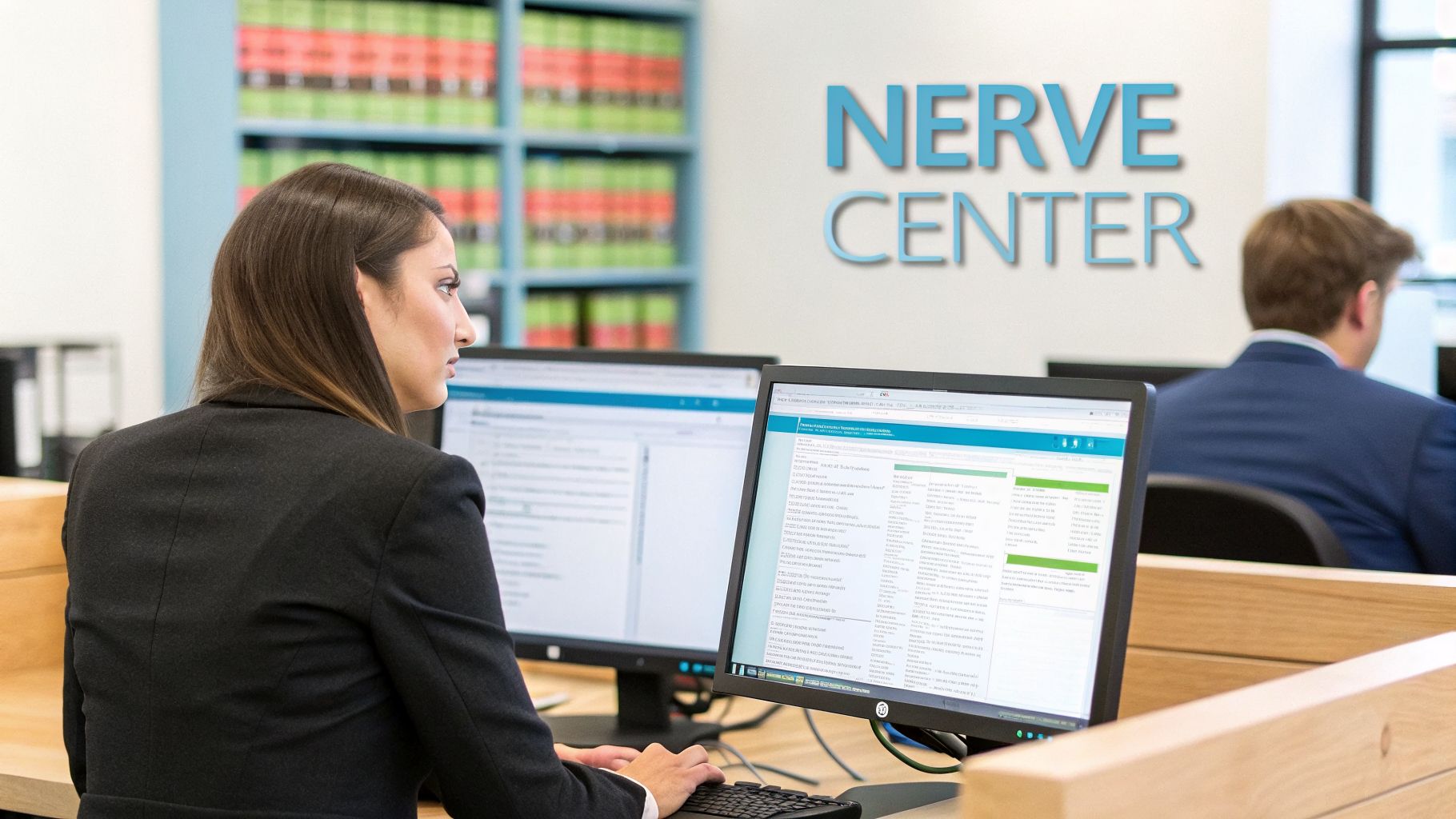 A professional woman uses dual computer monitors in a modern law office setting.