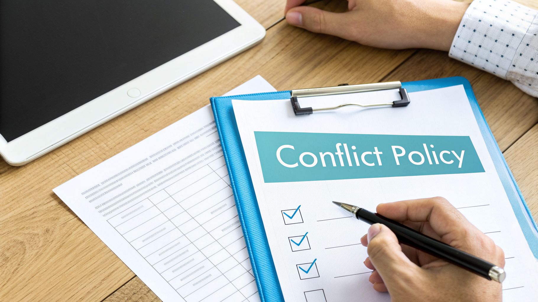 Close-up of a hand checking off items on a "Conflict Policy" document on a blue clipboard.