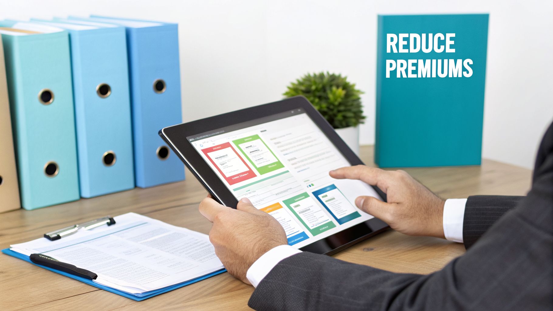 Businessman in a suit uses a tablet on a desk, with folders and a 'REDUCE PREMIUMS' binder.