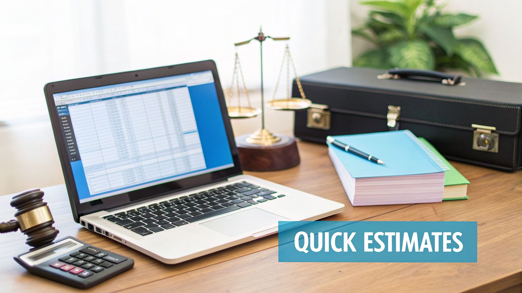 Office desk with laptop displaying a spreadsheet, calculator, gavel, and scales of justice, for quick estimates.