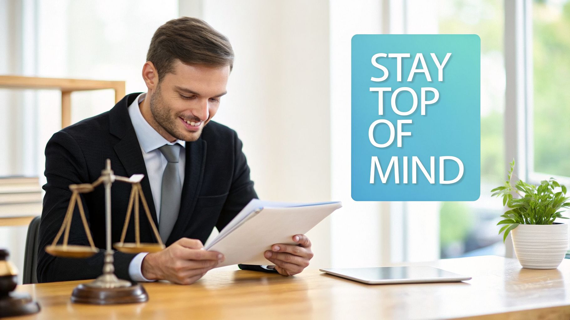 A smiling male lawyer reviews documents at his desk with a scale of justice and "STAY TOP OF MIND" text.