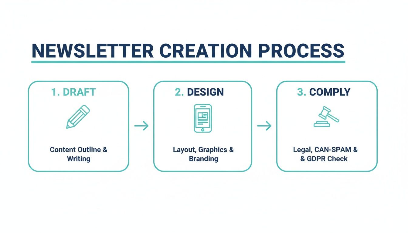 An infographic detailing the three-step newsletter creation process: draft, design, and comply.