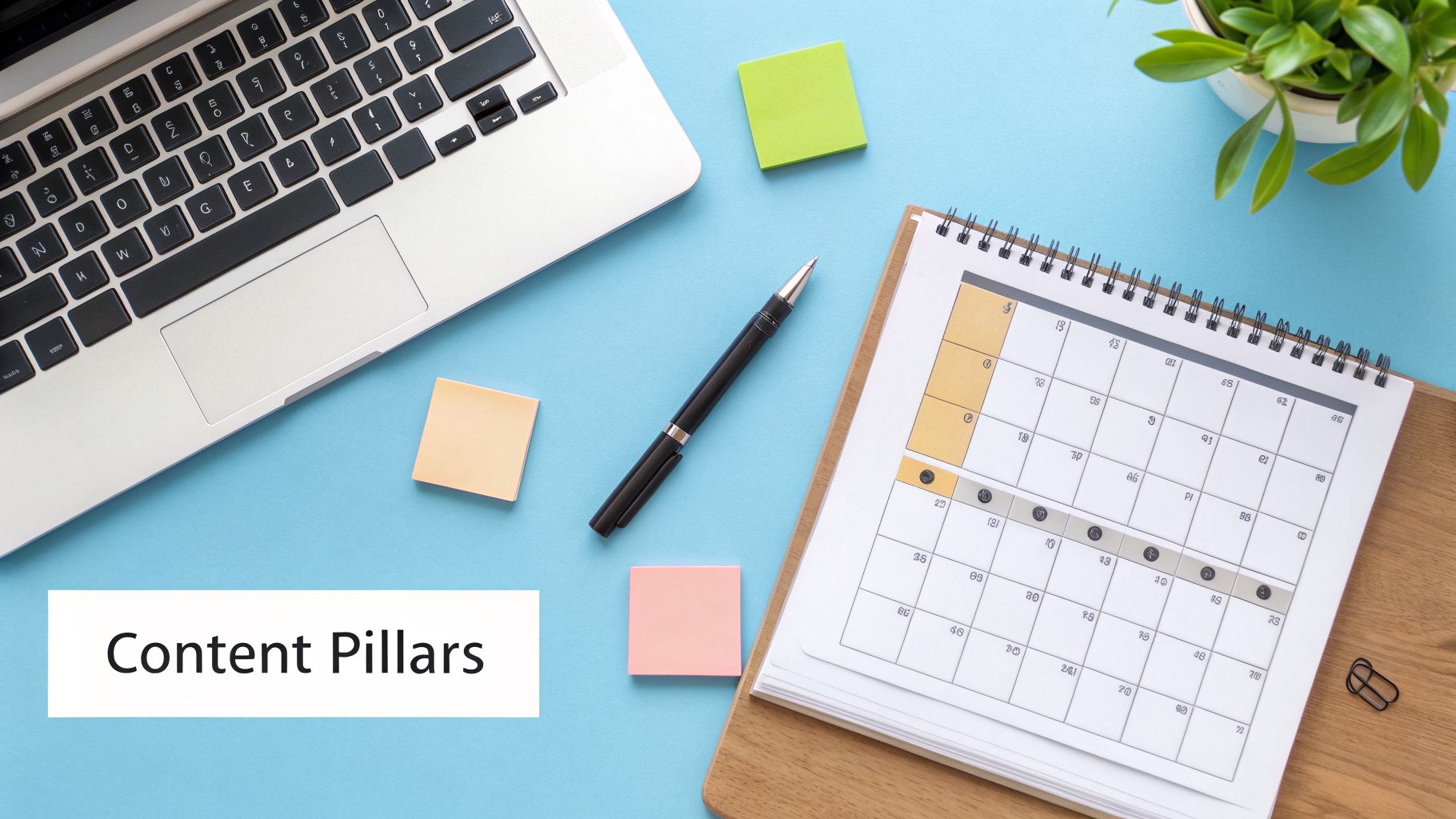 A flat lay of an office desk with a laptop, calendar, pen, sticky notes, and a plant, with 'Content Pillars' text.