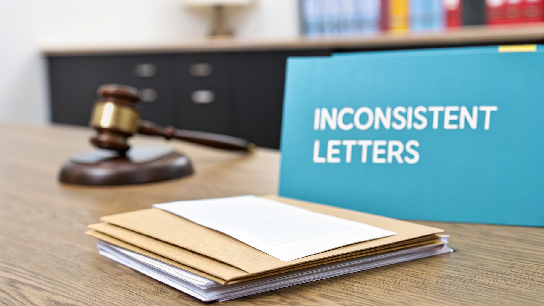 A judge's gavel, stack of papers, and a folder labeled 'Inconsistent Letters' on a desk.