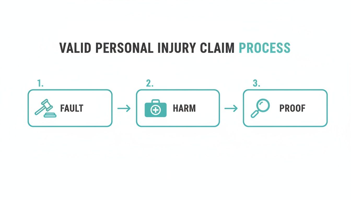 A flowchart illustrating the three-step process for a valid personal injury claim: Fault, Harm, and Proof.
