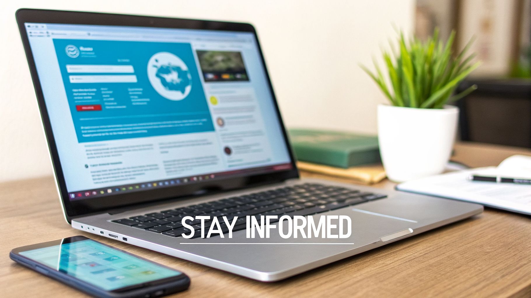 A laptop displaying a news website, a smartphone, and a plant on a desk, conveying the idea of staying informed.