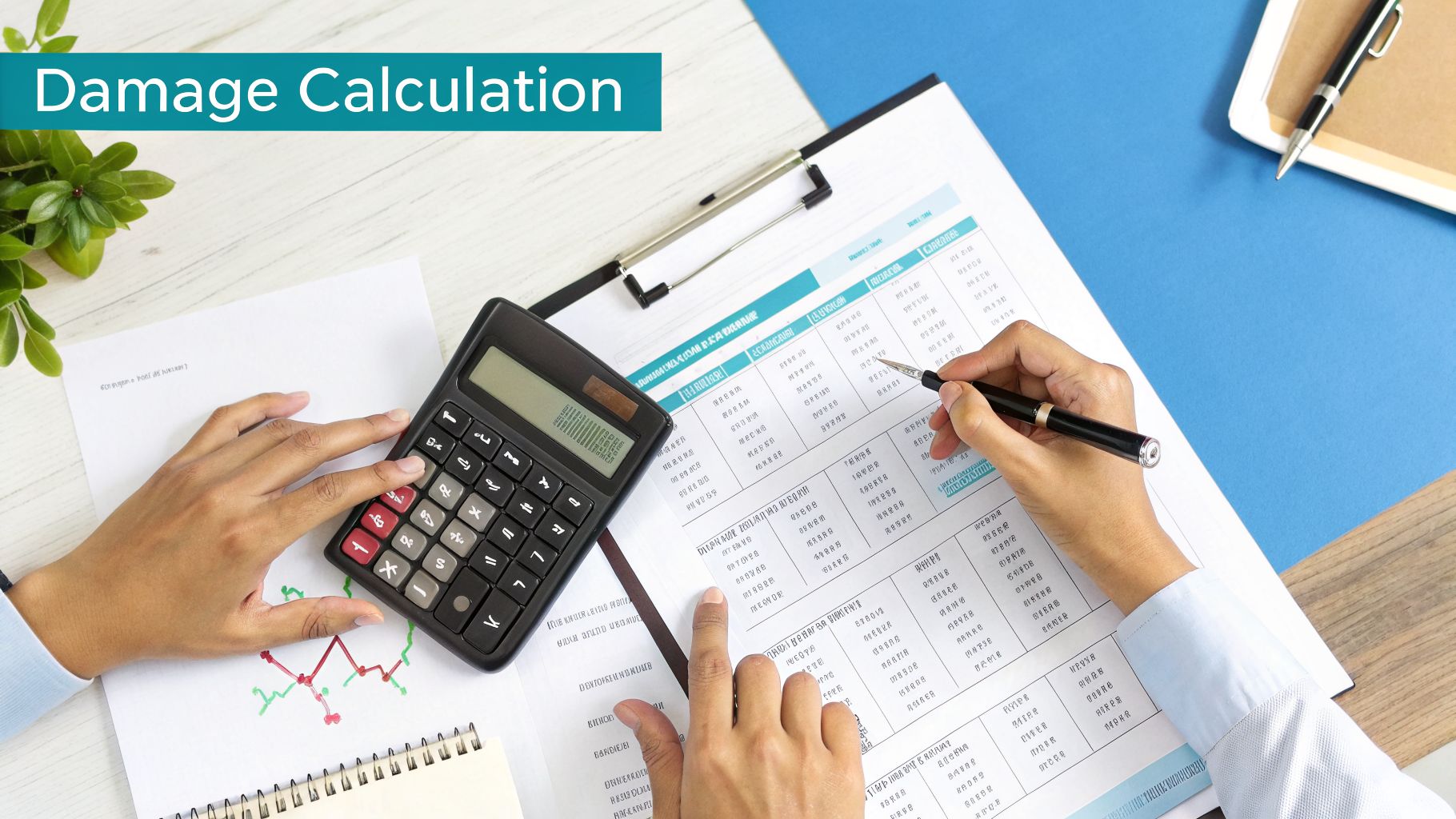 A person's hands calculating damages with a calculator and reviewing financial documents on a desk.
