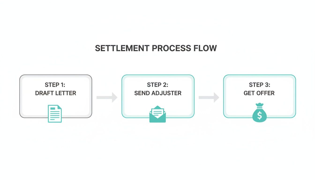 A three-step settlement process flow diagram showing drafting a letter, sending an adjuster, and getting an offer.