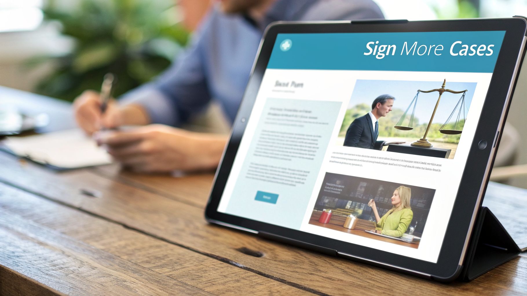 A tablet displays a webpage titled 'Sign More Cases' with legal images, beside a person writing.
