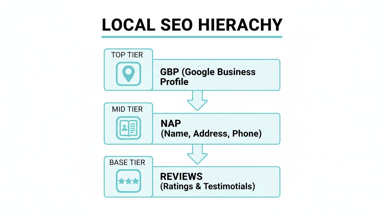 A diagram illustrating the local SEO hierarchy: Google Business Profile, NAP (Name, Address, Phone), and Reviews.