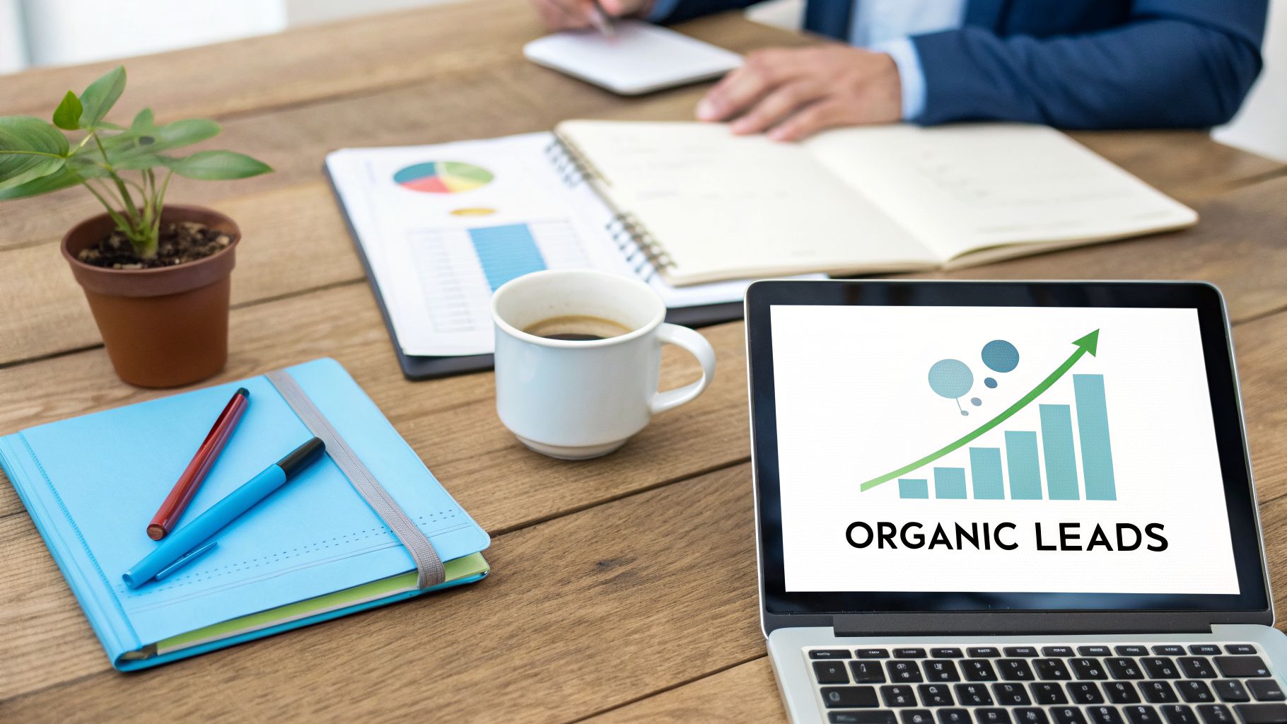 Overhead shot of a person working on organic leads, with a laptop, coffee, and notebooks.