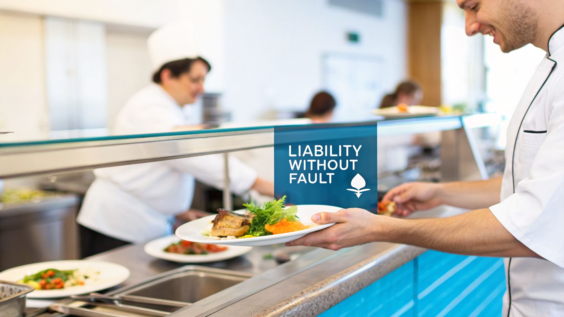 A smiling chef in a white uniform serves a plate of food in a cafeteria setting, with "LIABILITY WITHOUT FAULT" text.