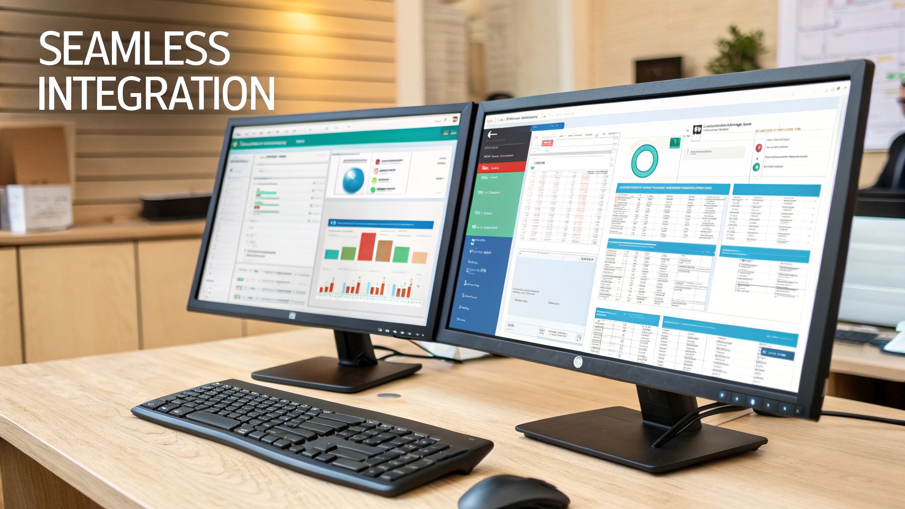 Two computer monitors on an office desk displaying business data dashboards and charts, emphasizing seamless integration.