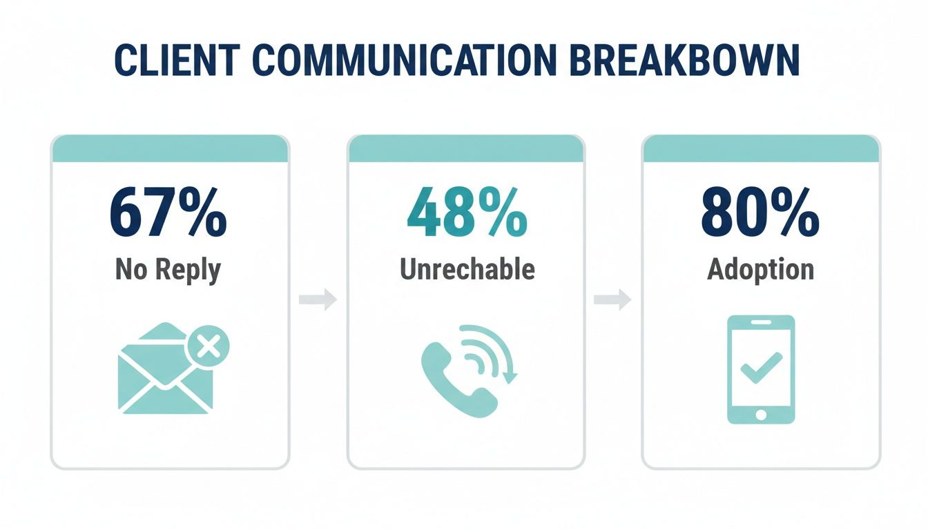 Infographic showing client communication breakdown: 67% no reply, 48% unreachable, 80% adoption.