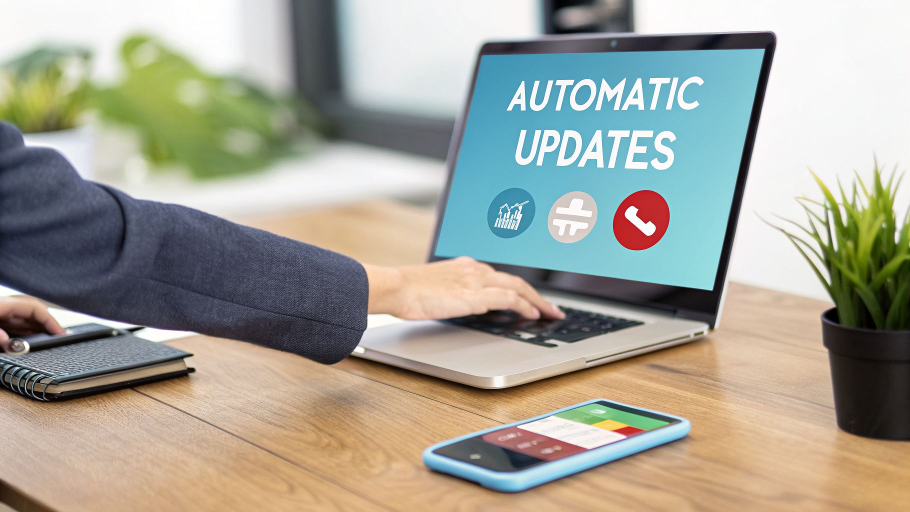 A person types on a laptop showing 'Automatic Updates' and icons, with a smartphone on a wooden desk.