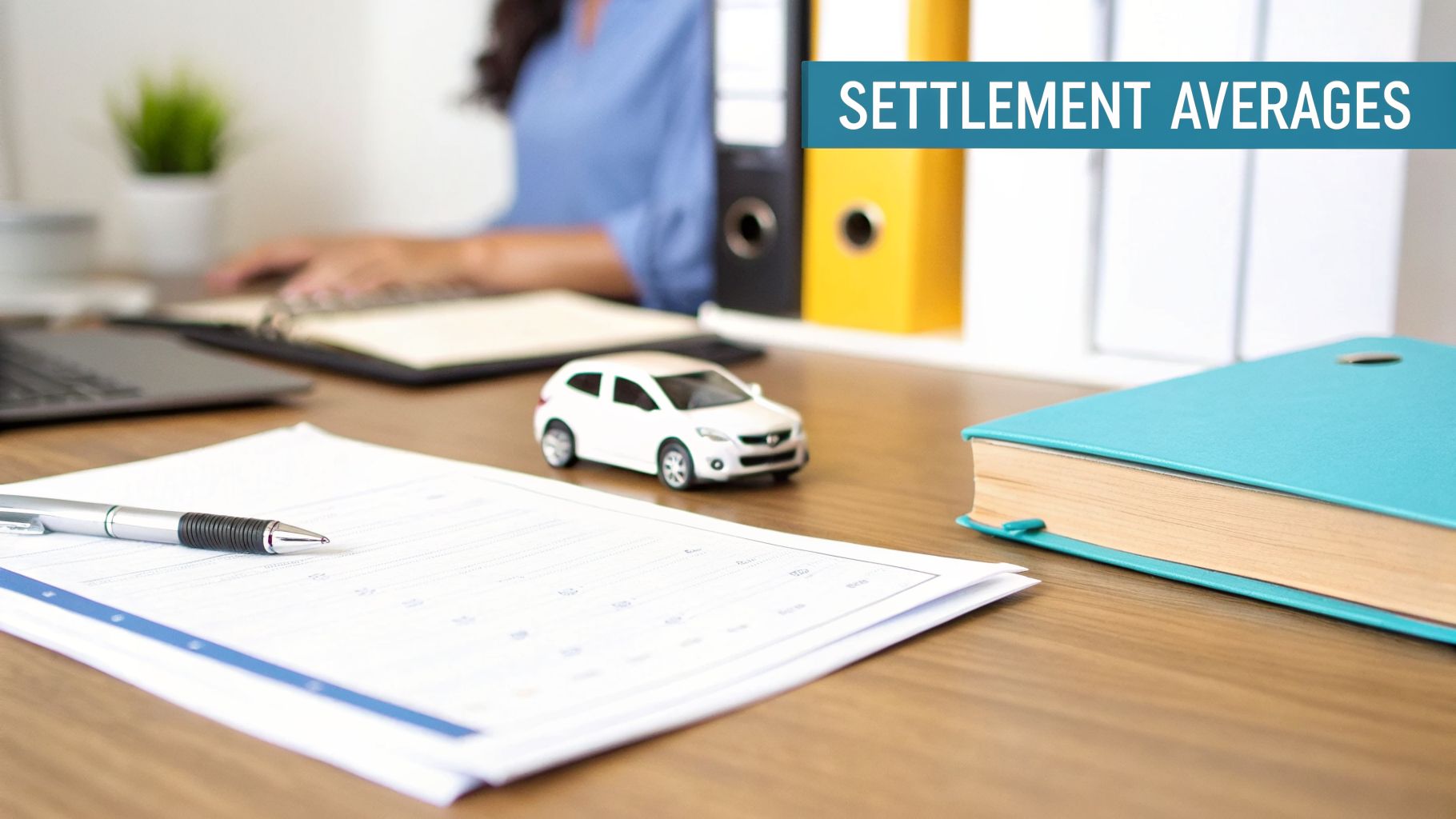 Desk scene with a toy car, pen, documents, and a book, featuring a 'SETTLEMENT AVERAGES' banner.