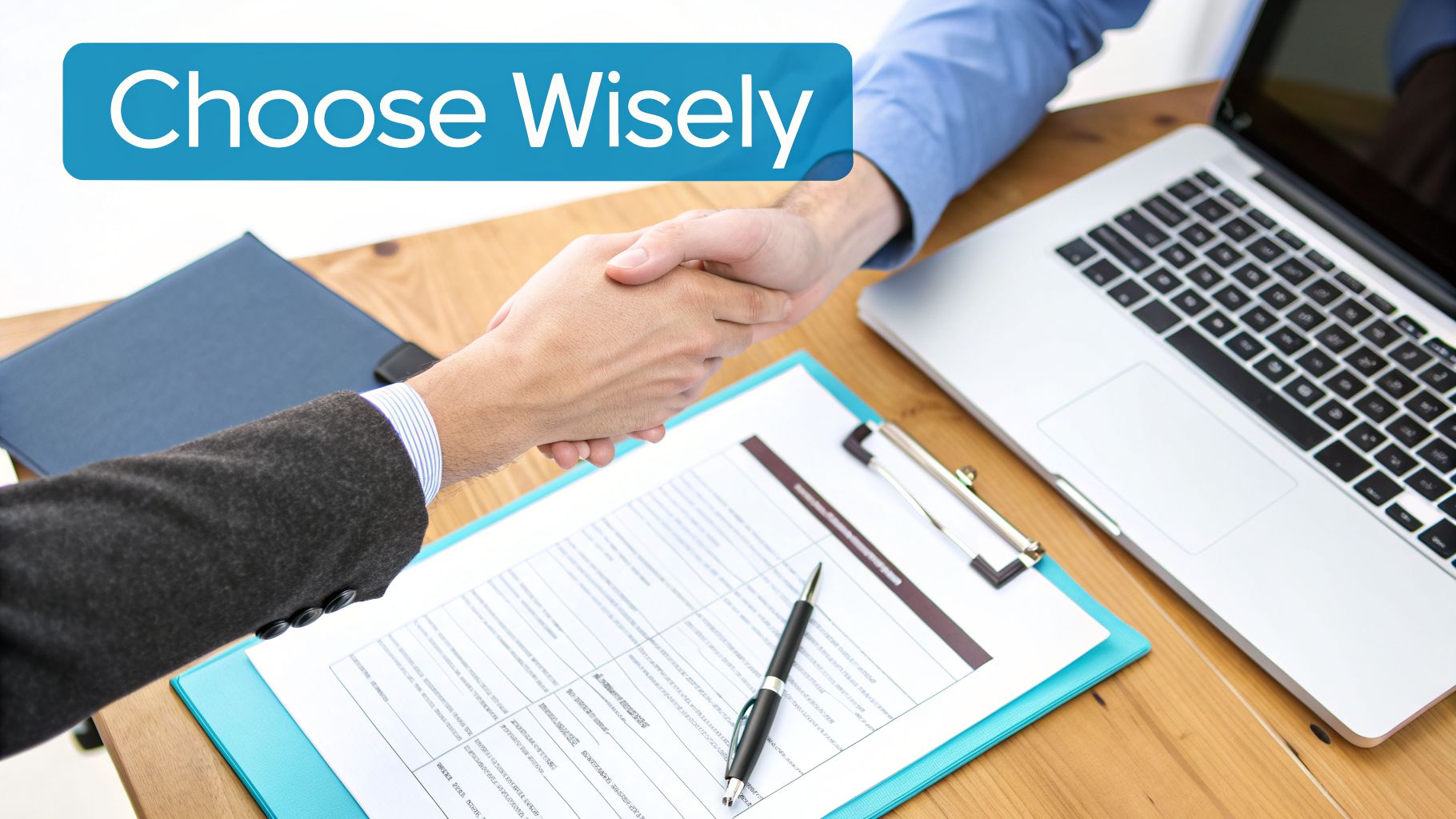 Two people shaking hands across a desk with a laptop and document, text says 'Choose Wisely'.