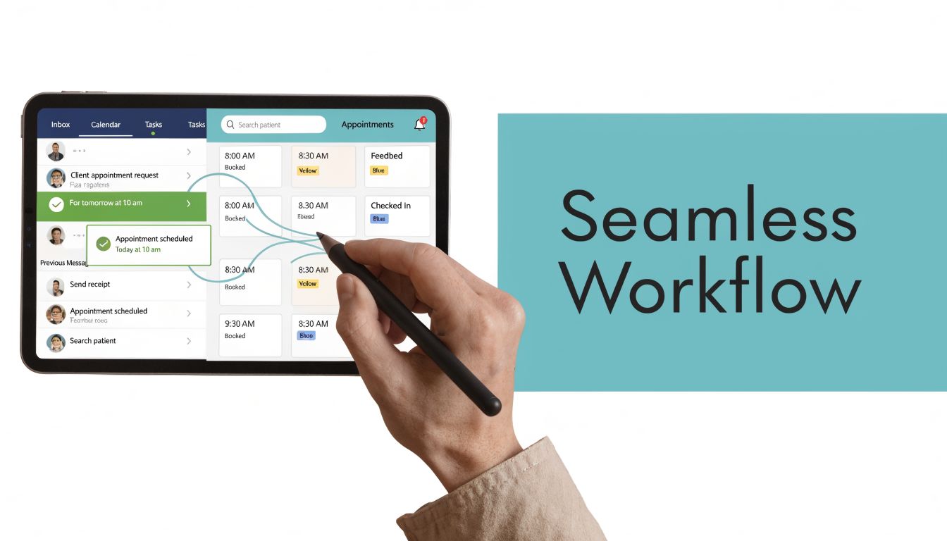 A hand using a digital pen on a tablet screen showing an organized scheduling and task management interface.