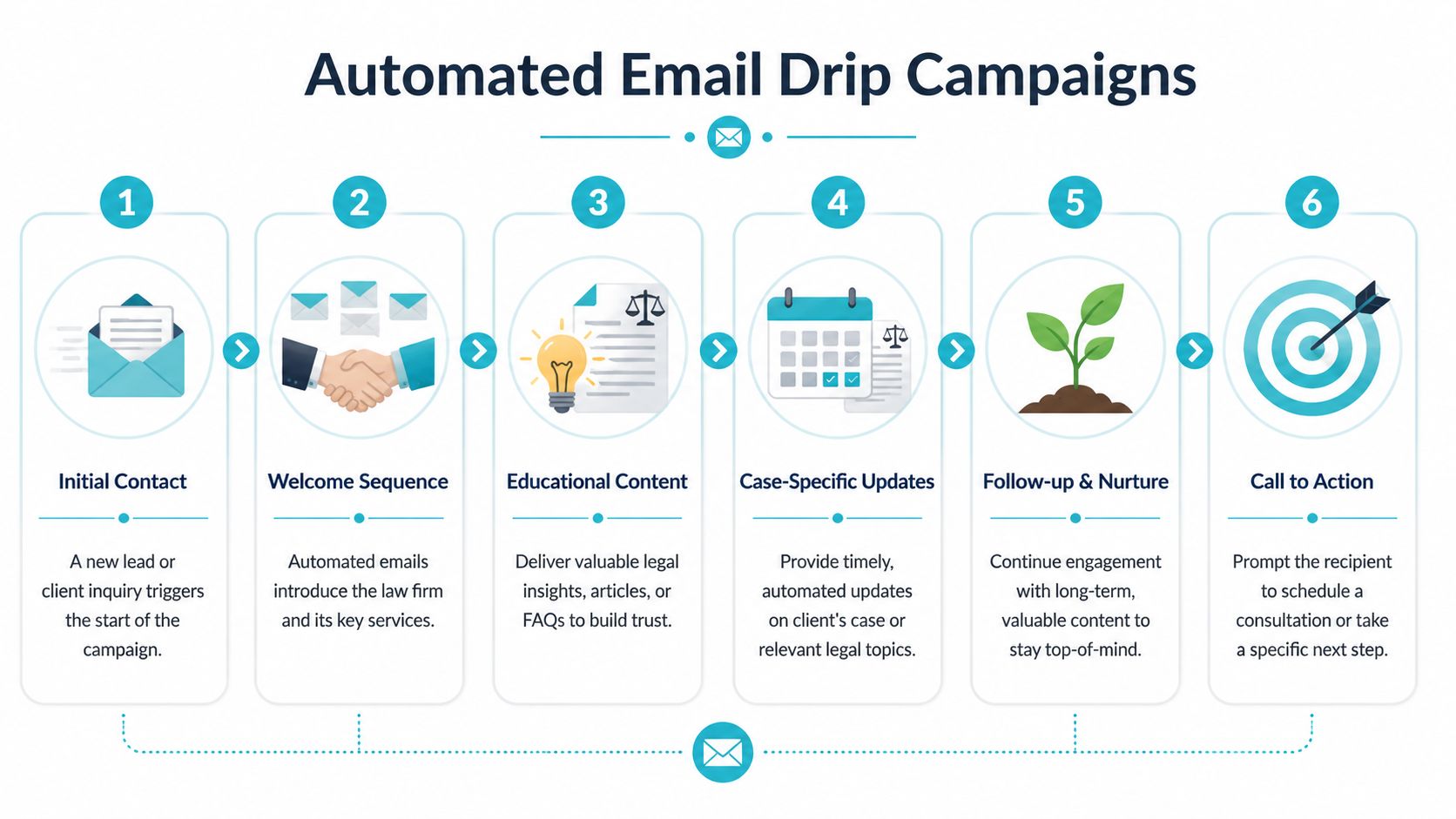 A flowchart showing six steps of an automated email drip campaign for law firms and legal services.