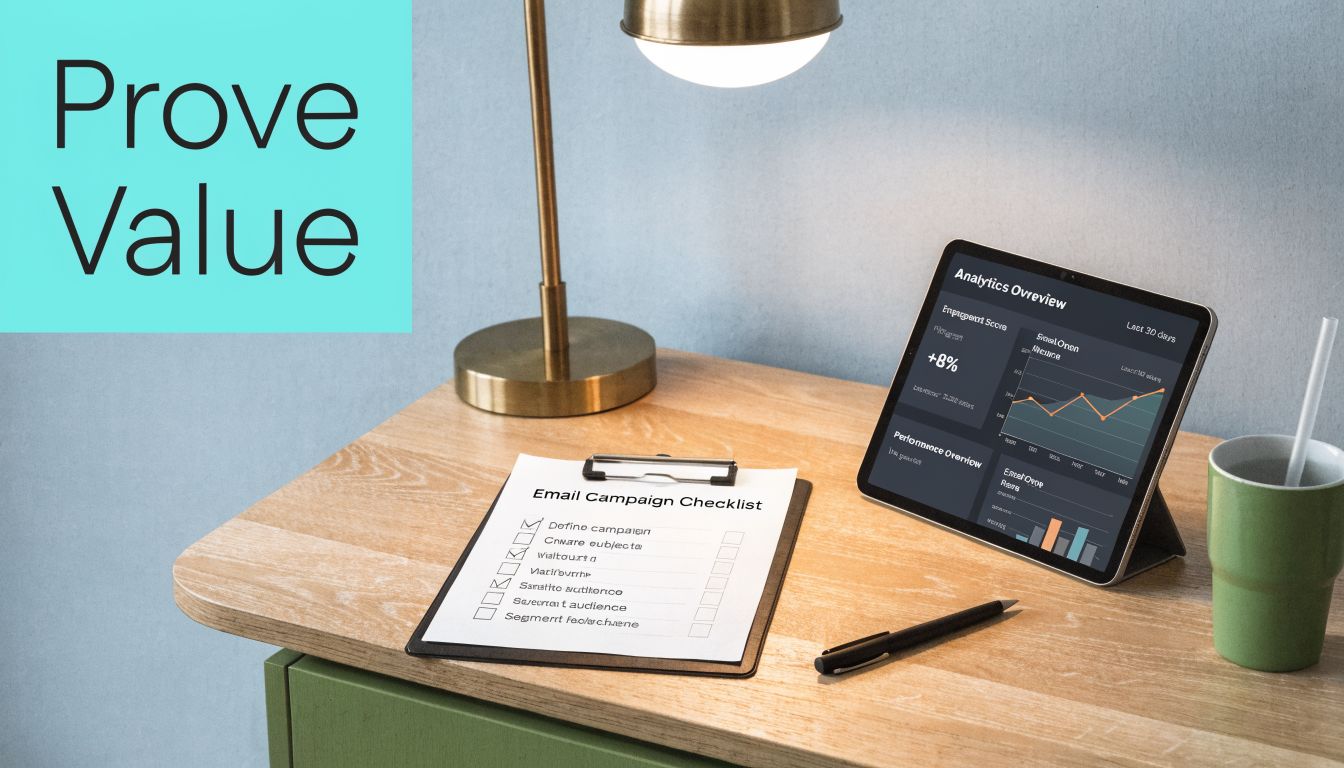 A desk with a laptop displaying analytics next to an email campaign checklist and a pen.