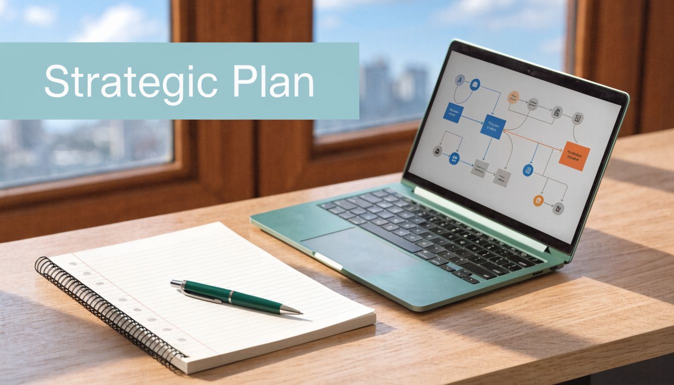A modern laptop displaying a strategic plan flowchart on a wooden desk with a notebook and pen.