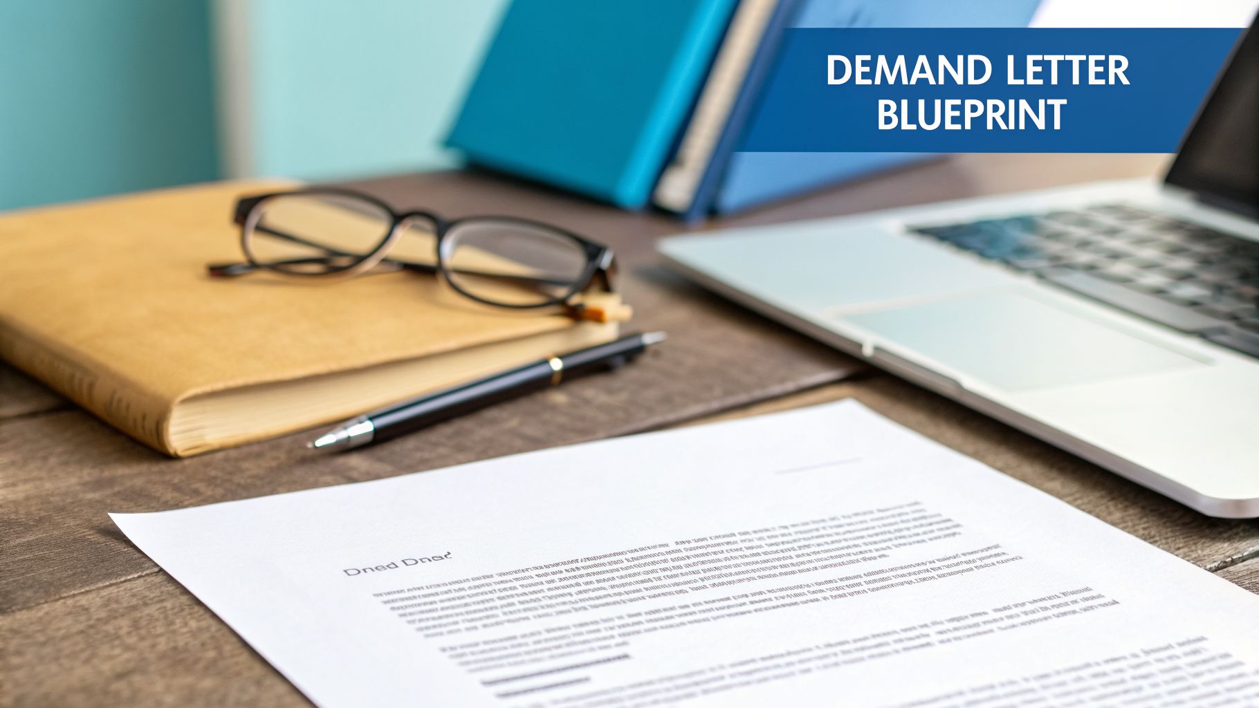 A workspace featuring a document titled "Demand Letter Blueprint", with glasses, a pen, a book, and a laptop.