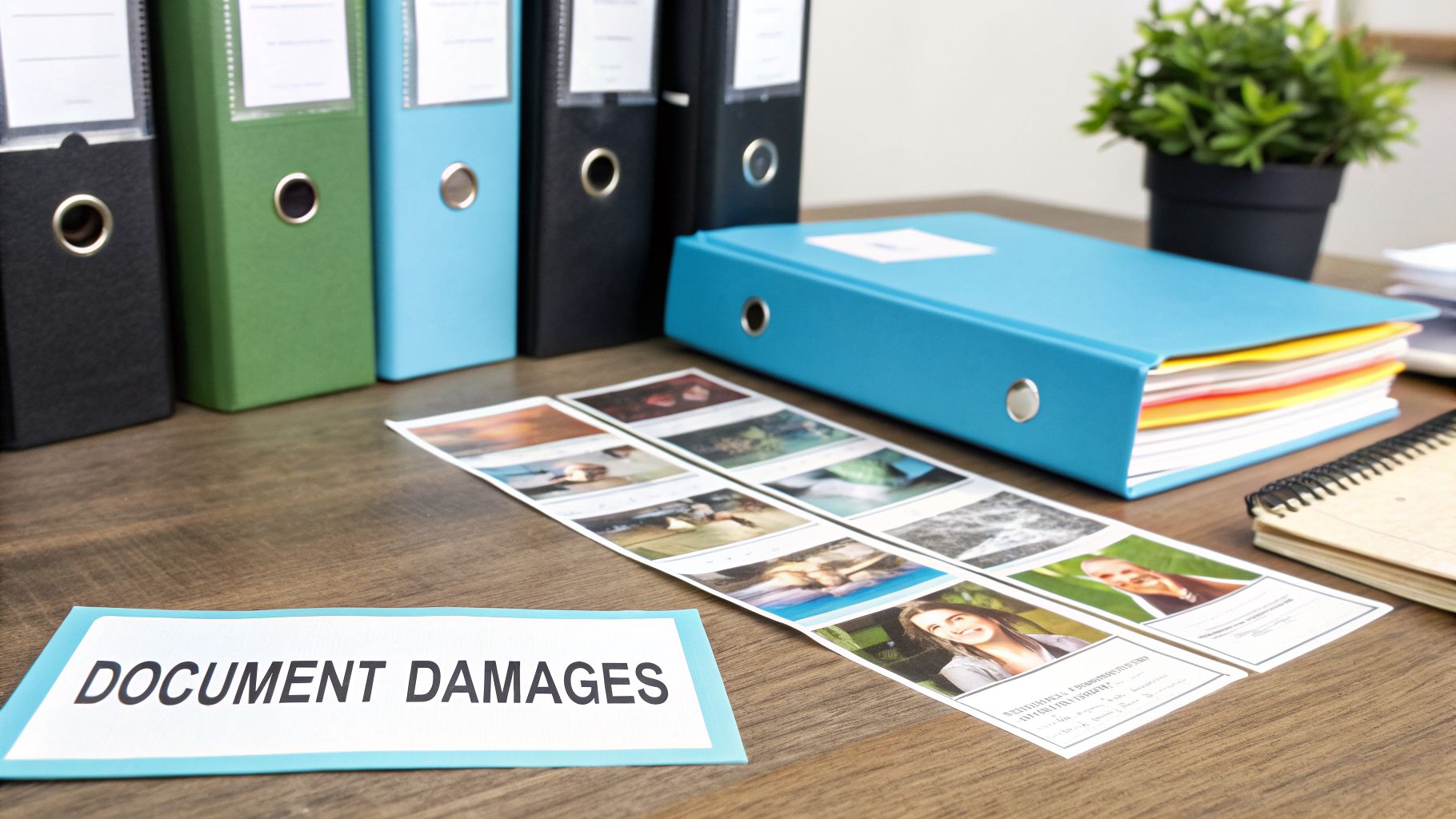 Office desk with colorful binders, a blue folder, and a 'DOCUMENT DAMAGES' sign next to photos.