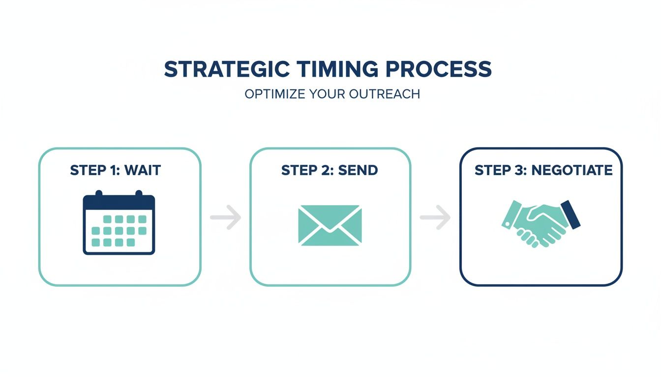 Diagram showing a strategic timing process with steps: wait (calendar), send (envelope), and negotiate (handshake).