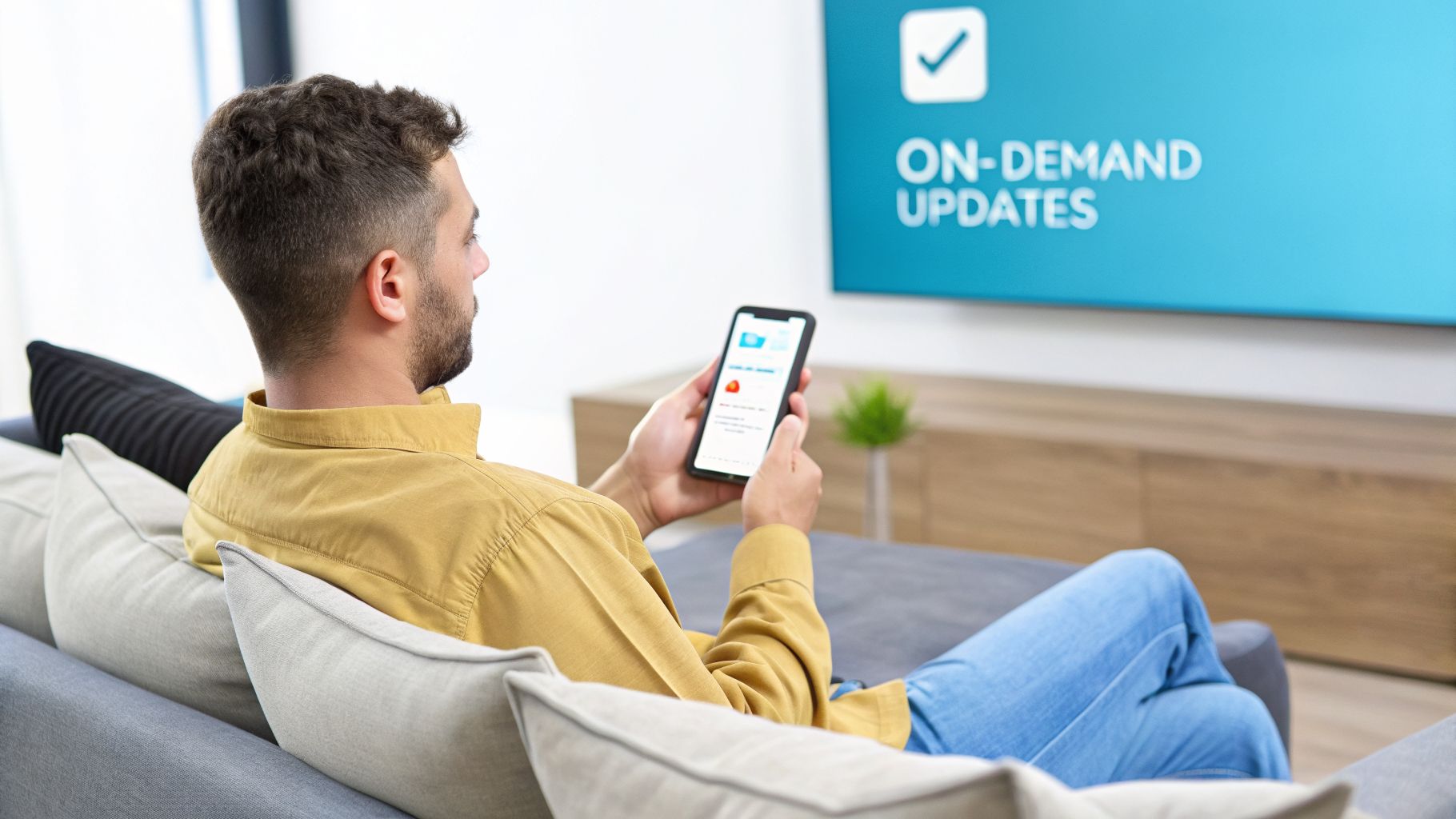 A man casually sitting on a sofa, using his smartphone while a TV displays 'On-Demand Updates'.