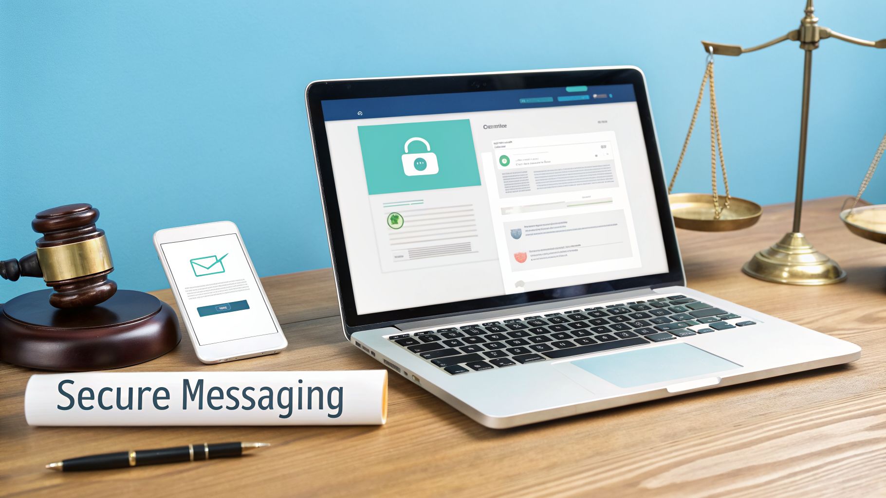 A laptop and smartphone display secure messaging interfaces next to a gavel and scales of justice.
