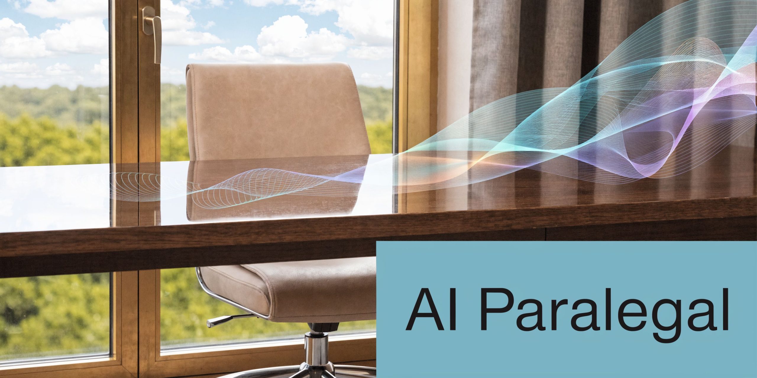 A sleek modern office chair sits behind a polished wooden desk with digital abstract wave graphics overlaying.