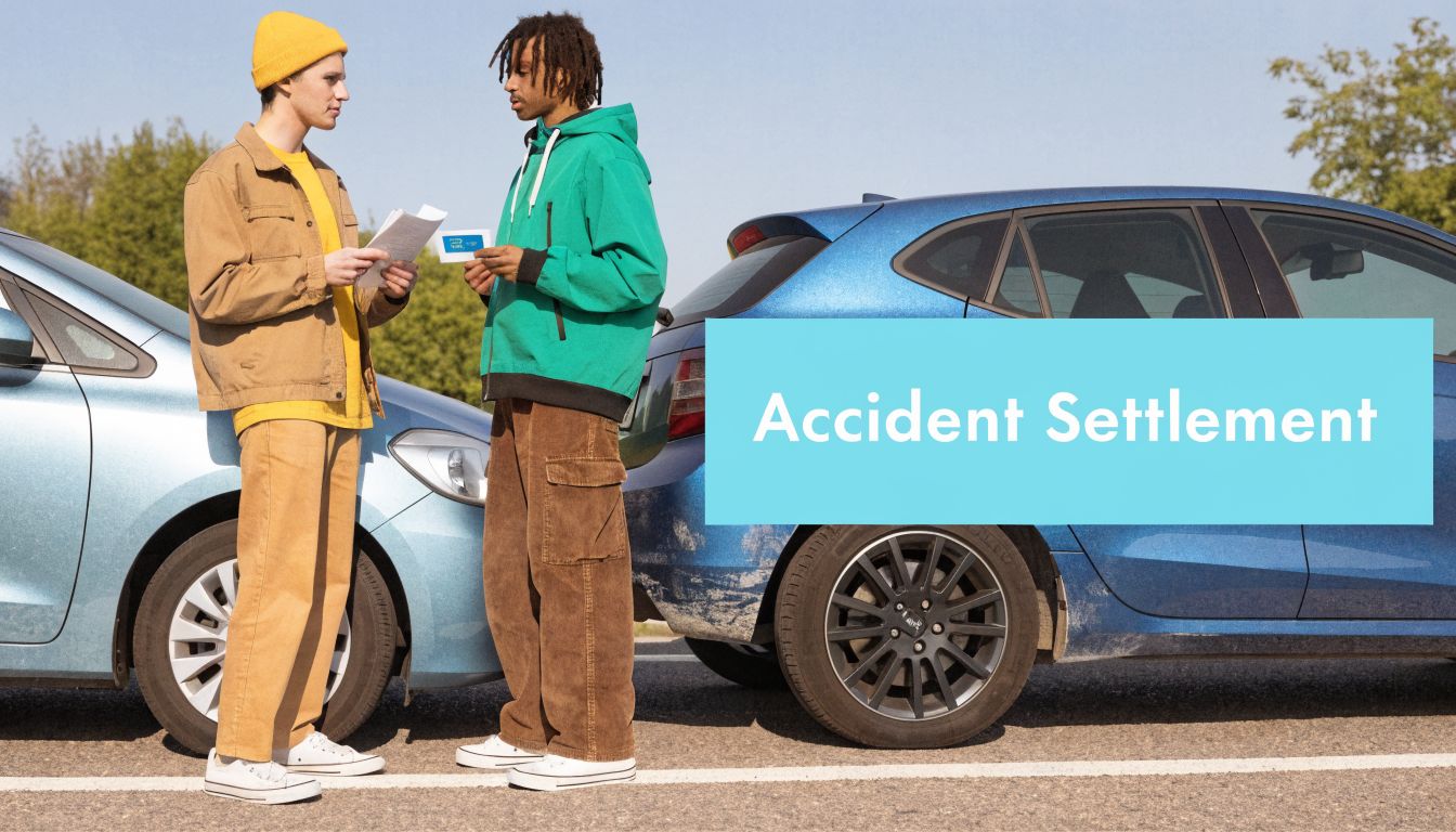 Two young men standing by their cars on a road to discuss an accident settlement after collision.