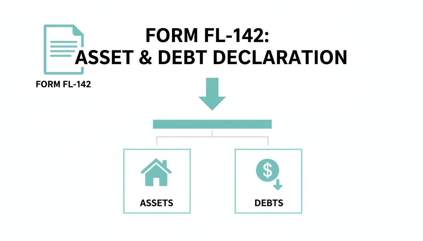 Flowchart illustrating FORM FL-142 for asset and debt declaration, categorizing assets and debts.