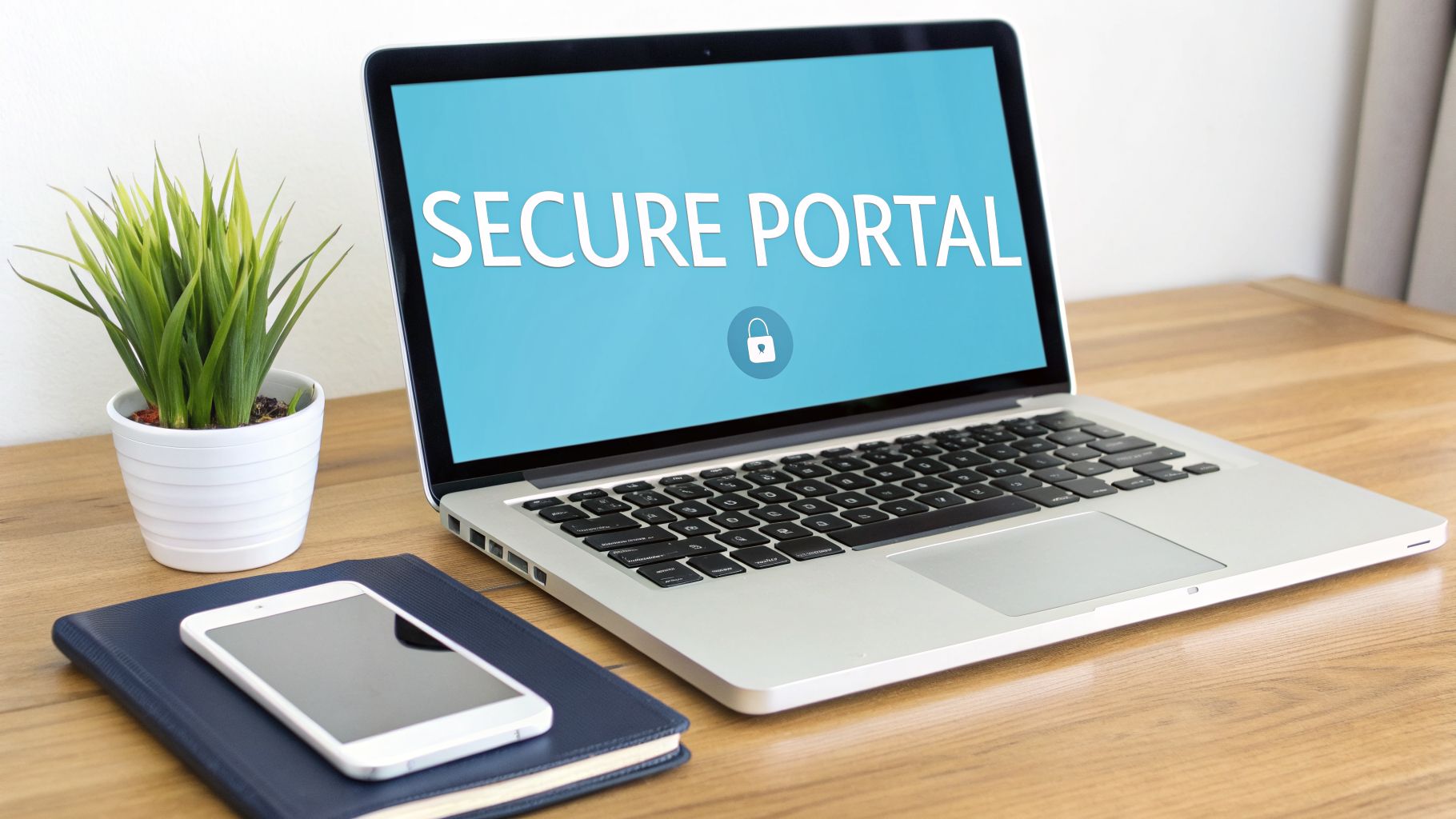 A laptop screen displays 'SECURE PORTAL' with a lock icon, next to a smartphone and plant on a wooden desk.